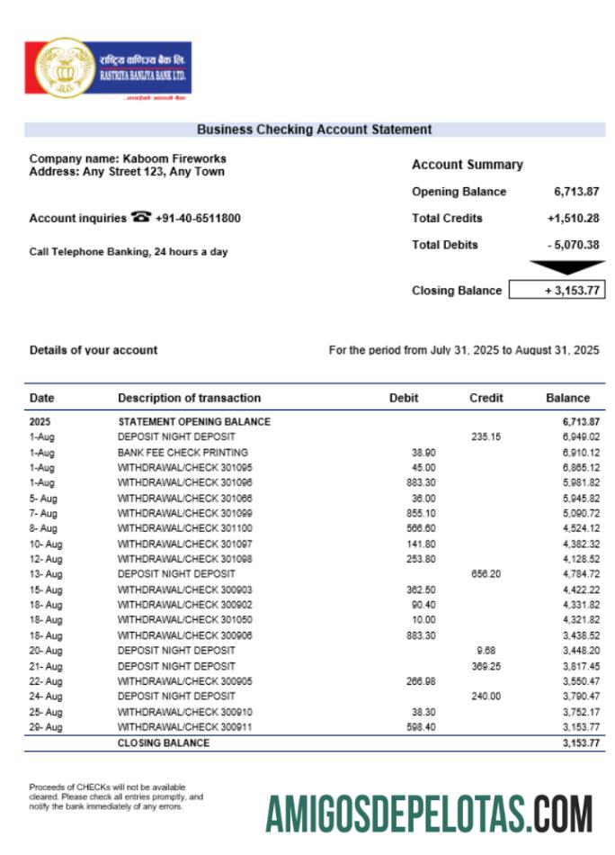 Exemplo de extrato de conta de organização bancária RBB Smart Business Bank em formato Word e PDF